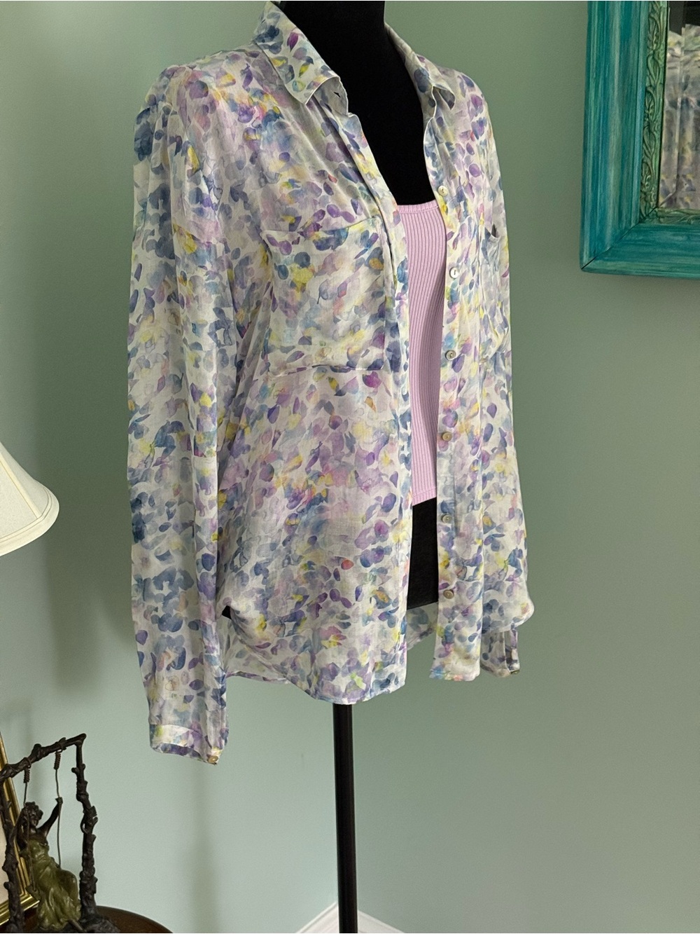 Bella Dahl Pastel Multi Watercolor-Print Shirt Button Up Shirt, Very Soft Size L